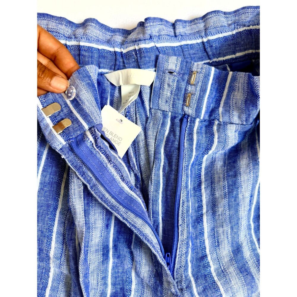 H&M Women’s Size 6 Blue White Striped Linen Blend Paperbag Belted Shorts - Picture 14 of 14